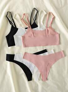 3pairs Solid Wireless No Show Bra & Panty Lingerie Set - Multicolor - View 2