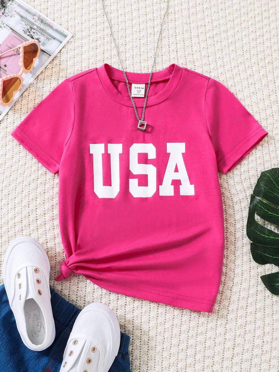 SHEIN Tops con gái lớn Lá thư Giải trí - Màu Hồng Tươi - Xem 1