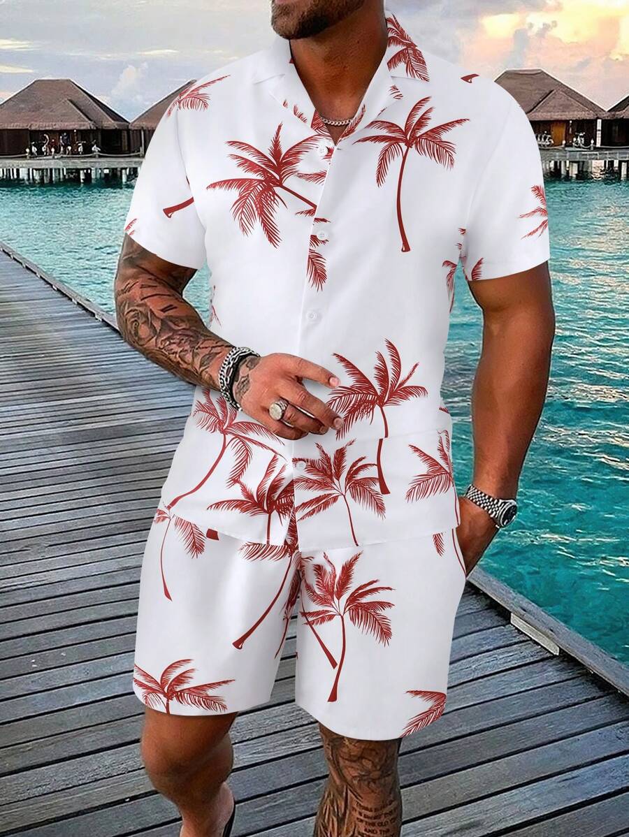 Manfinity RSRT Bộ hai mảnh Nam Dây kéo Túi Nút phía trước Nhiệt đới In ngẫu nhiên Boho - trắng - Xem 1