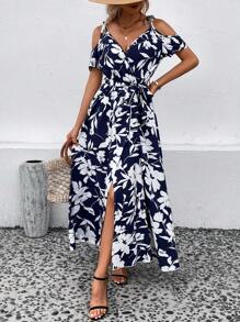 SHEIN VCAY 印花挖肩腰帶圍裹式連衣裙 - 藍色 - 查看 3