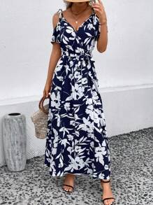 SHEIN VCAY 印花挖肩腰帶圍裹式連衣裙 - 藍色 - 查看 5