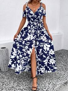 SHEIN VCAY 印花挖肩腰帶圍裹式連衣裙 - 藍色 - 查看 6