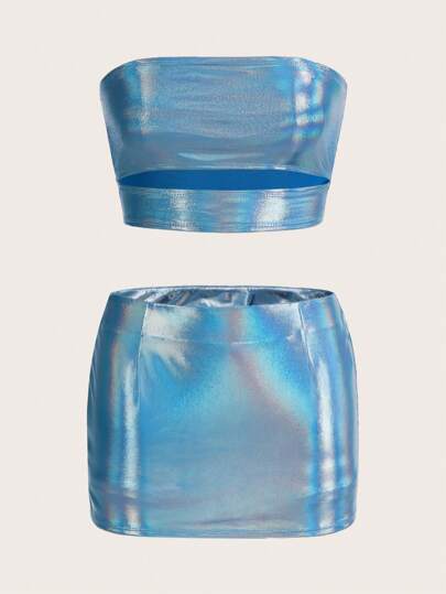 SHEIN ICON Holographic Crop Tube Top & Bodycon Skirt