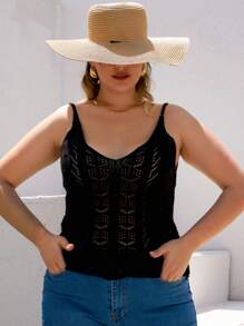 RueChic Plus Solid Pointelle Knit Cami Top - Black - View 1