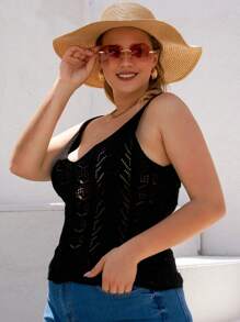 RueChic Plus Solid Pointelle Knit Cami Top - Black - View 3