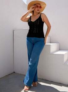 RueChic Plus Solid Pointelle Knit Cami Top - Black - View 4