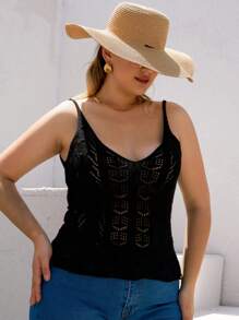 RueChic Plus Solid Pointelle Knit Cami Top - Black - View 5