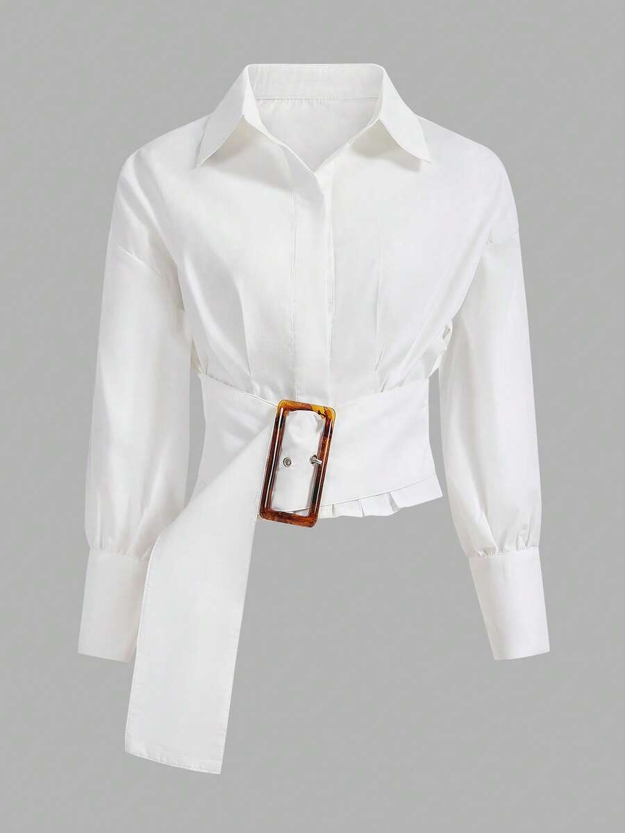 Aveloria Modichic 纯色落肩带扣细节衬衫 - 白色 - 查看 1