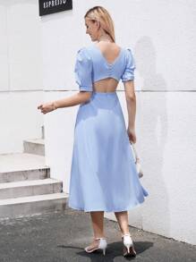 SHEIN Privé 素色泡泡袖A字連衣裙 - 淺藍色 - 查看 2