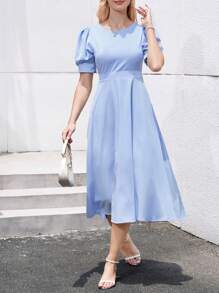 SHEIN Privé 素色泡泡袖A字連衣裙 - 淺藍色 - 查看 3