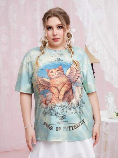 Kawaii Plus Tie Dye Slogan & Cartoon Graphic Drop Shoulder Tee