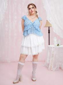 ROMWE Plus Ditsy Floral Print Ruffle Trim Peplum Blouse - Baby Blue - View 2