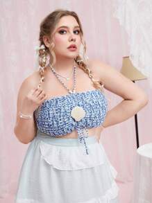 ROMWE Fairycore Plus Size Summer Crochet Shell Decor Tie Backless Halter Knit Top - Blue - View 1