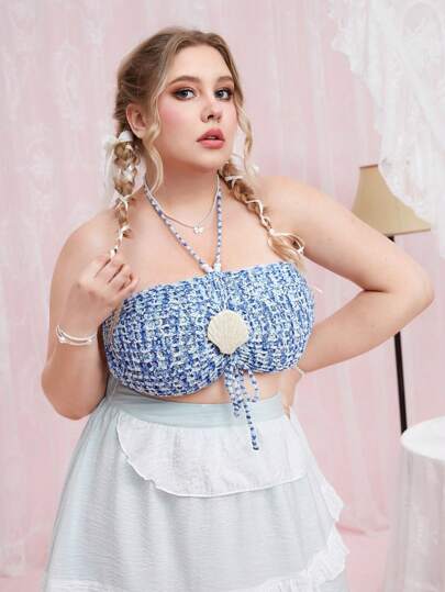 Fairycore Strick Top mit Muschel Dekor, Kreuzgurt auf Rücken, Neckholder,