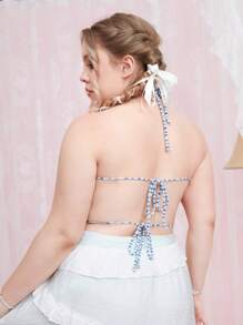 ROMWE Fairycore Plus Size Summer Crochet Shell Decor Tie Backless Halter Knit Top - Blue - View 2