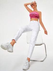 SHEIN Essnce Solid Raw Hem Mom Fit Jeans - White - View 4