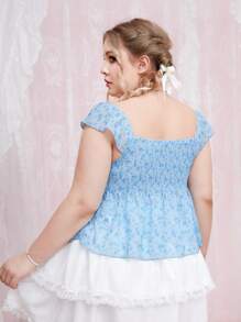 ROMWE Plus Ditsy Floral Print Ruffle Trim Peplum Blouse - Baby Blue - View 4