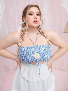 ROMWE Fairycore Plus Size Summer Crochet Shell Decor Tie Backless Halter Knit Top - Blue - View 3