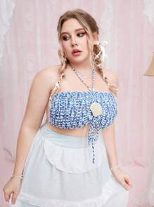 ROMWE Fairycore Plus Size Summer Crochet Shell Decor Tie Backless Halter Knit Top - Blue - View 4