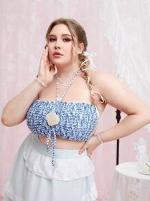 ROMWE Fairycore Plus Size Summer Crochet Shell Decor Tie Backless Halter Knit Top - Blue - View 5
