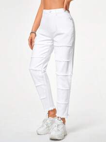 SHEIN Essnce Solid Raw Hem Mom Fit Jeans - White - View 5