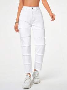 SHEIN Essnce Solid Raw Hem Mom Fit Jeans - White - View 6