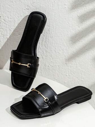 女士金屬裝飾單帶時尚拖鞋黑色