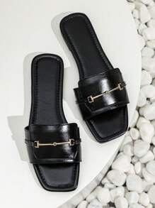 女士金屬裝飾單帶時尚拖鞋黑色