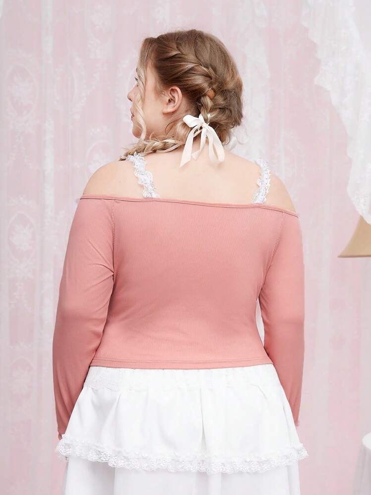 ROMWE Kawaii מידות גדולות כתף קרה מכפלת תחרה חולצות טי - ורוד - ראה 2