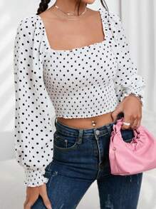 SHEIN Frenchy Áo sơ mi nữ viền lá sen Dải chun Chấm bi Giải trí - trắng - Xem 1