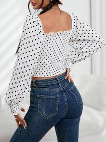 SHEIN Frenchy Áo sơ mi nữ viền lá sen Dải chun Chấm bi Giải trí - trắng - Xem 2