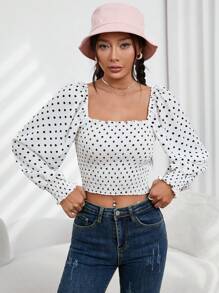 SHEIN Frenchy Áo sơ mi nữ viền lá sen Dải chun Chấm bi Giải trí - trắng - Xem 3