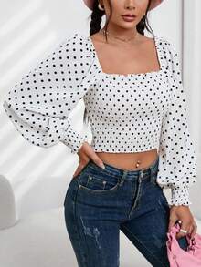 SHEIN Frenchy Áo sơ mi nữ viền lá sen Dải chun Chấm bi Giải trí - trắng - Xem 5
