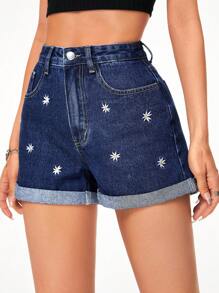 SHEIN EZwear Thêu hoa Cuộn Hem Quần short Denim - Rửa tối - Xem 1