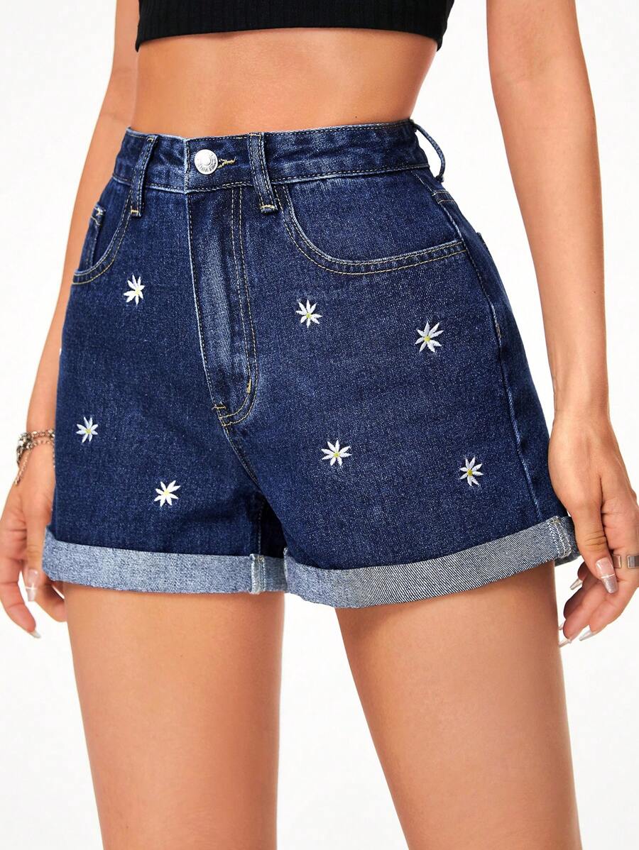 SHEIN EZwear Thêu hoa Cuộn Hem Quần short Denim - Rửa tối - Xem 1