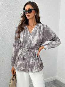 SHEIN Clasi Tie Dye Belted Blouse - Multicolor - View 1