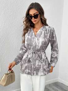 SHEIN Clasi Tie Dye Belted Blouse - Multicolor - View 3