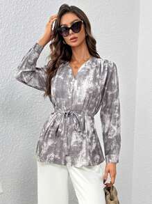 SHEIN Clasi Tie Dye Belted Blouse - Multicolor - View 5