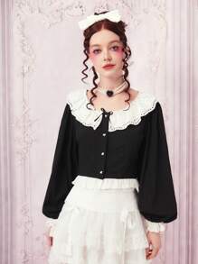ROMWE Kawaii Statement Collar Lantern Sleeve Shirt - Black - View 1