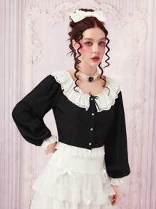 ROMWE Kawaii Statement Collar Lantern Sleeve Shirt - Black - View 3