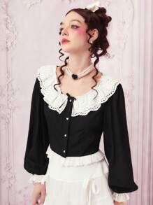 ROMWE Kawaii Statement Collar Lantern Sleeve Shirt - Black - View 5