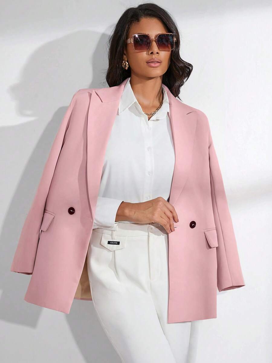 GENKIRA Double Breasted Lapel Neck Blazer - Baby Pink - View 1