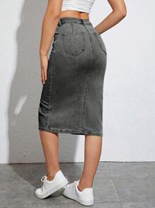Solid Split Thigh Denim Skirt - Grey - View 3