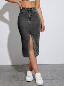 Solid Split Thigh Denim Skirt - Grey - View 4