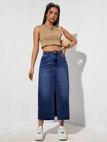High Waist Split Thigh Denim Skirt - Dark Wash - View 3