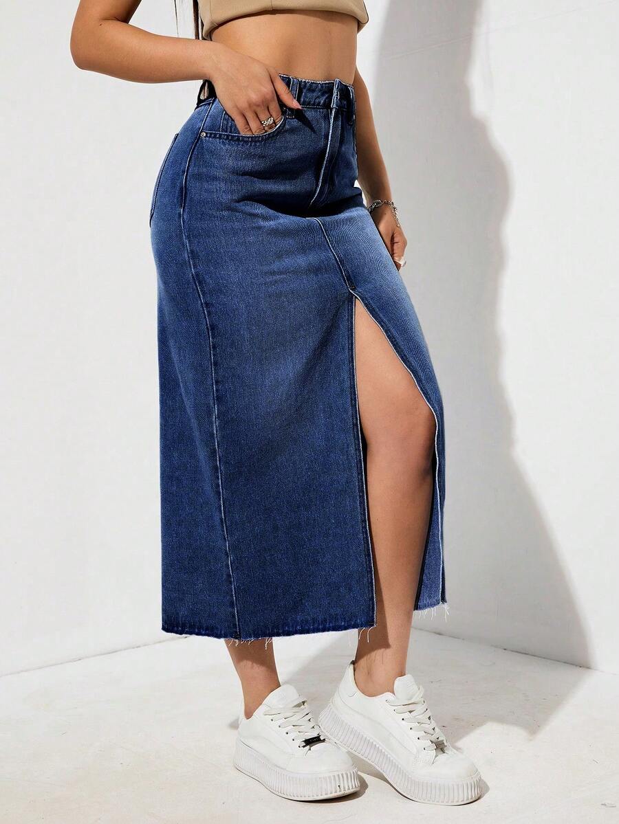 High Waist Split Thigh Denim Skirt - Dark Wash - View 1