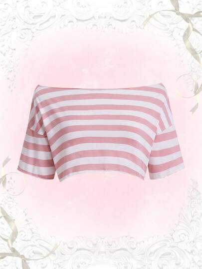 Kawaii Striped Print Boat Neck Crop Tee
