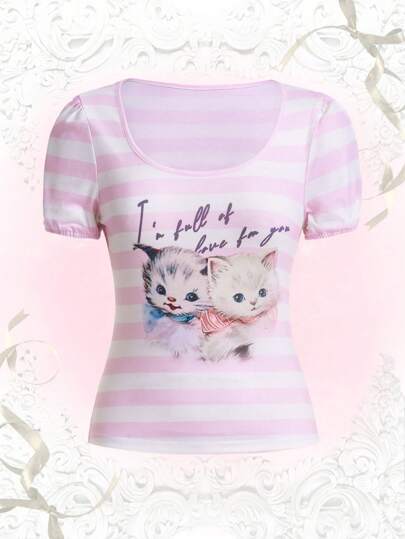 Kawaii Striped & Cat Print Tee