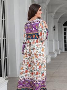 SHEIN VCAY Floral Print Tie Neck Lantern Sleeve Smock Dress - Multicolor - View 2