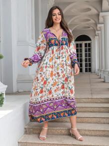 SHEIN VCAY Floral Print Tie Neck Lantern Sleeve Smock Dress - Multicolor - View 3